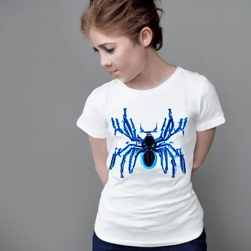 Prompt: white tshirt with design of a cute blue spider on it