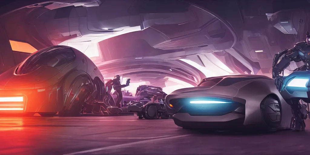 Image similar to cinematic movie scene, beautiful Product shot film still of a Syd Mead futuristic detailed clunky battle-armored automobile with bright headlights in a busy futuristic spaceport filled with people at night, motion, hard surface modeling, volumetric soft lighting, style of Stanley Kubrick cinematography, 8k H 768