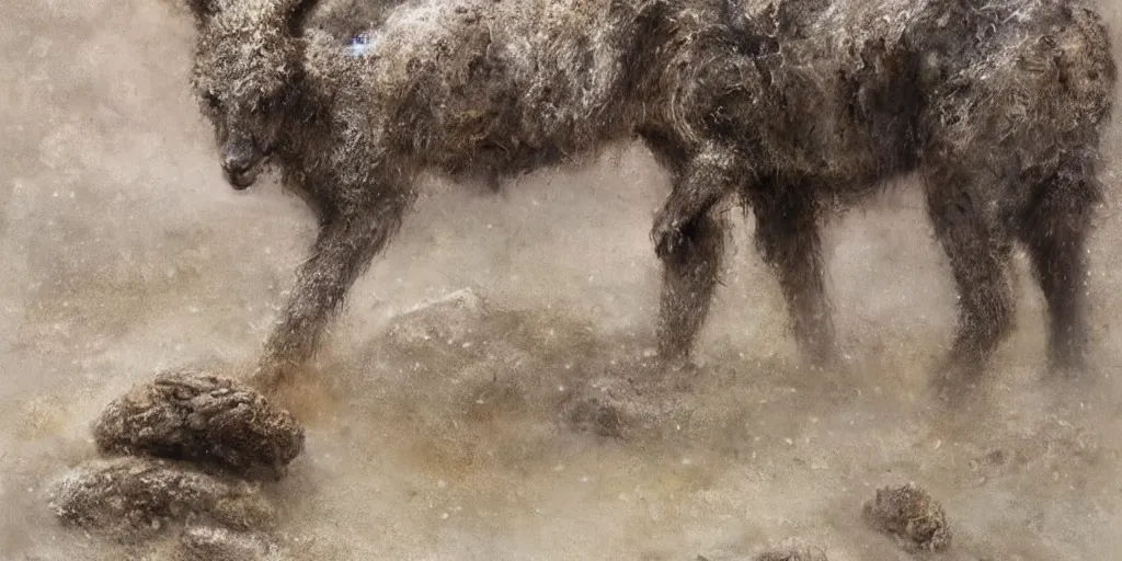 Prompt: highly detailed photography of an animal made of dust particles, big rocks, sharp focus, dramatic scene, aesthetic, dynamic lighting, elegant, harmony, masterpiece, by kent williams, high quality