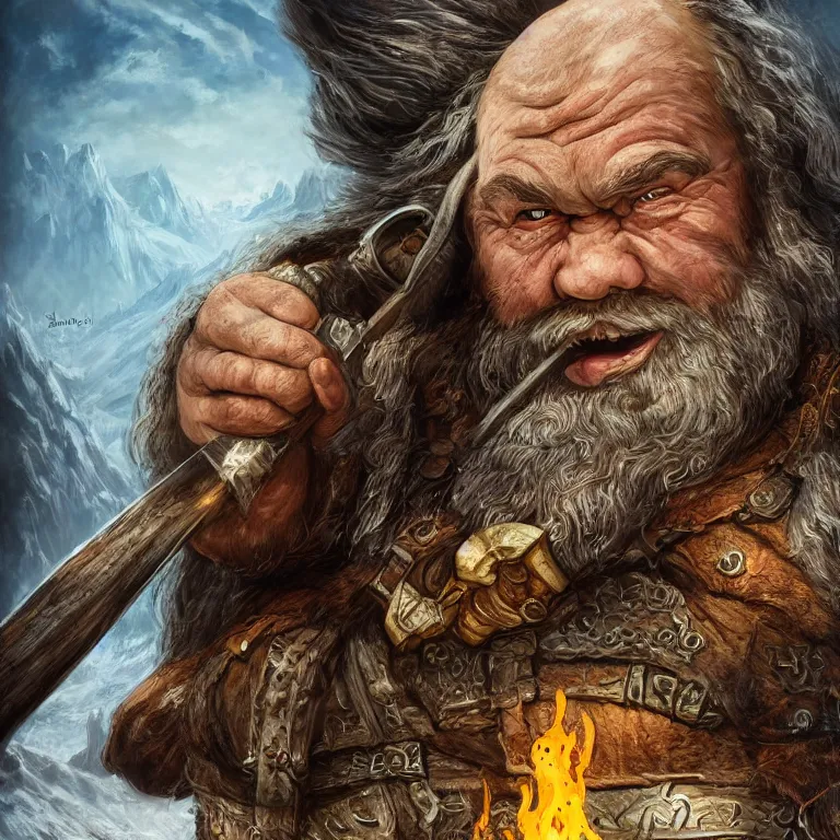 Image similar to dwarf with hammer in mountains, lord of the rings style, fantasy, poster, character portrait, portrait, close up, concept art, intricate details, highly detailed, full body, 8 k, detailed face, body