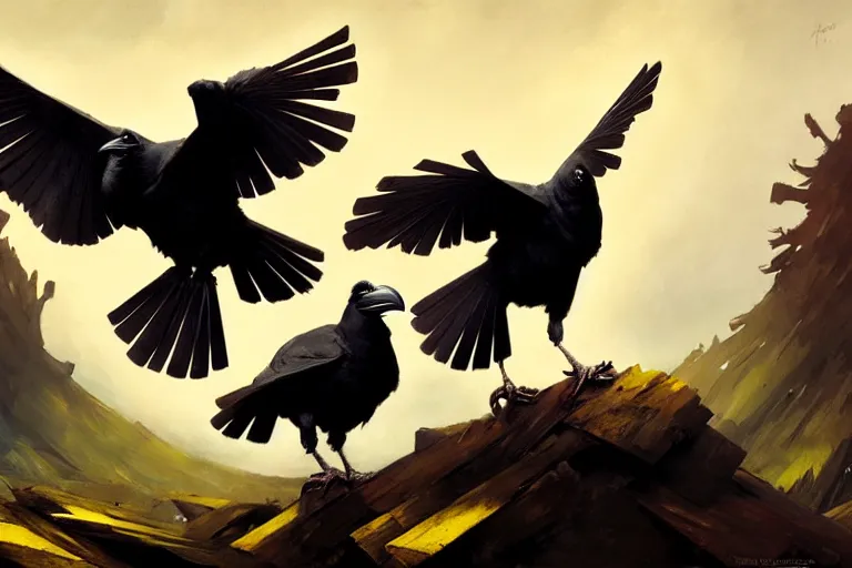 Prompt: raven birds expressively dancing by otto dix and greg rutkowski and andreas rocha, cinematic lighting, highly detailed, warm colours, 4 k