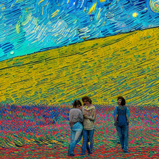Image similar to A dreaming person sees another far away person above a colourfull van Gogh style field while both person are surrounded by a colourful wind aura around their chests, dream, 40nm lens, shallow depth of field, split lighting, 4k,
