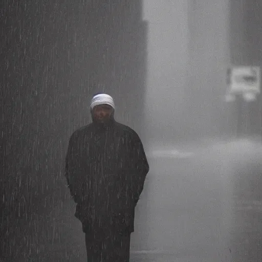 Prompt: closeup portrait of a man fishing in a rainy new york street, photography, natural light, world press photo