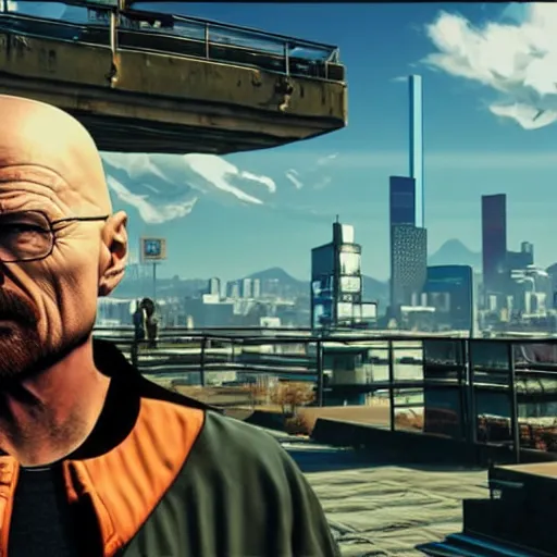 Image similar to walter white from breaking bad in cyberpunk 2 0 7 7 with futuristic city, 4 k, hyper realistic, synthwave, vapor wave, futuristic, advanced