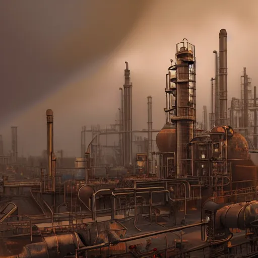 Prompt: a steampunk oil refinery in the desert that is on fire, shrouded in fog, highly detailed, 8k, sharp focus, trending on artstation