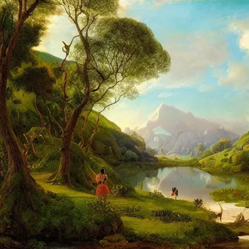 Image similar to A beautiful land art of a landscape. It is a stylized and colorful view of an idyllic, dreamlike world with rolling hills, peaceful looking animals, and a flowing river. The scene looks like it could be from another planet, or perhaps a fairy tale. close-up by Augustus Edwin Mulready unified, doom