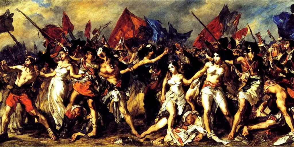 Image similar to eugene delacroix's Liberty Leading The People with rave, music festival and night clubbing characters