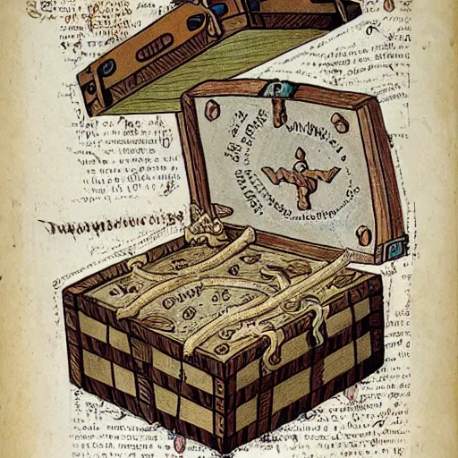 Prompt: anatomical diagram of trapped treasure chest, magical parchment