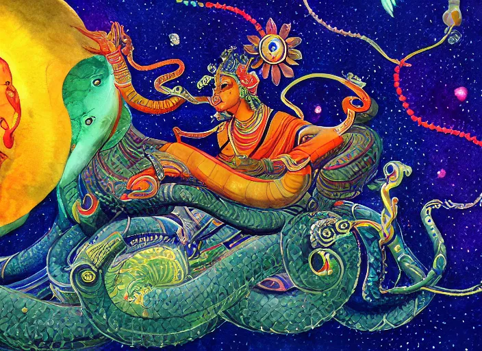 Prompt: vishnu reclining under a cobra, adishesha, floating across the cosmic ocean, an absurdly detailed watercolor painting, trending on pixiv and artstation, hindu cosmology, inspired by android jones