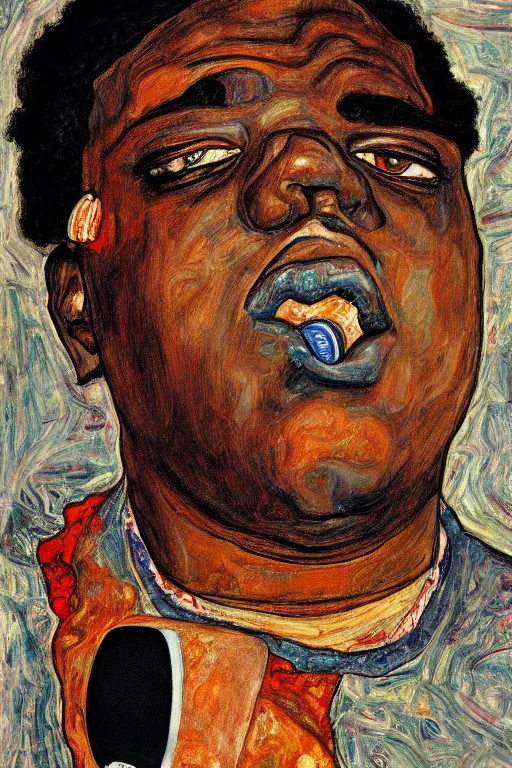 Prompt: a portrait of biggie smalls holding a mic in style of egon schiele, masterpiece, hyperdetailed, complex, intricate, old school, 9 0 s, 4 k, trending on artstation