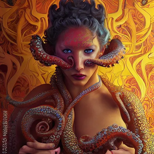 Image similar to portrait painting of octowoman, half woman, half octopus, ultra realistic, concept art, intricate details, extremely detailed, photorealistic, octane render, unreal engine. art by artgerm and dan mumford and alphonse mucha and studio ghibli, mixed media, 8 k