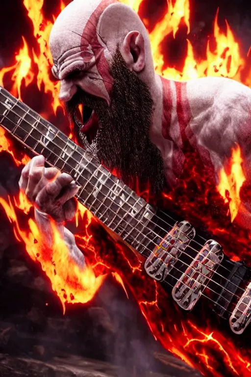 Image similar to screaming kratos rocking out on a flaming stratocaster guitar, cinematic render, god of war 2 0 1 8, playstation studios official media, red stripe, red stripe, red stripe, red stripe, red stripe, red stripe, clear, coherent