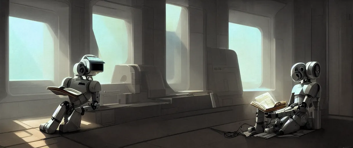 Image similar to digital painting of a droid robot reading a book, concept art, by Ralph mcquarrie, sunlight pouring through window, large scale, high detail, futuristic, godrays, volumetric lighting, warm lighting