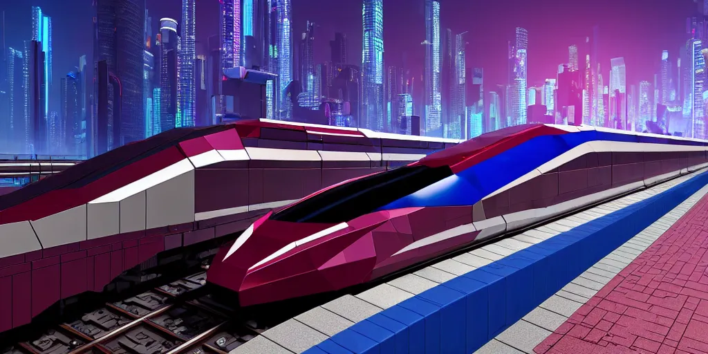 Prompt: a cyberpunk maglev train riding though futuristic station, blocky futuristic cityscape in background, gorgeous lighting and metallic reflection, maroon and blue accents, 8k, large scale, high detail, side profile