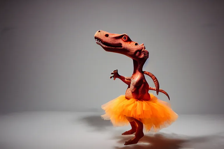 Image similar to dinosaur wearing a tutu, studio lighting, highly detailed, striking, inspiring