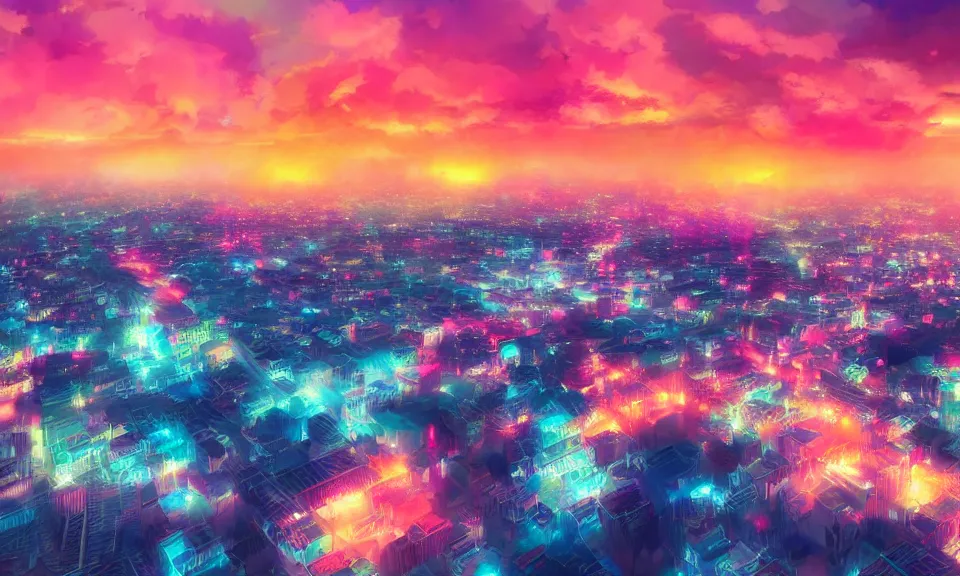 Image similar to a colorful glowing heavenly japanese city, sunset, moist, pastel, artstation, digital art.