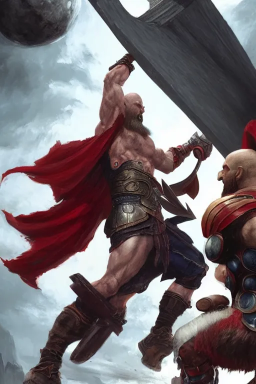 Image similar to kratos vs thor in valhalla, highly detailed, digital painting, artstation, concept art, smooth, sharp focus, illustration, unreal engine 5, 8 k, art by artgerm and greg rutkowski and edgar maxence