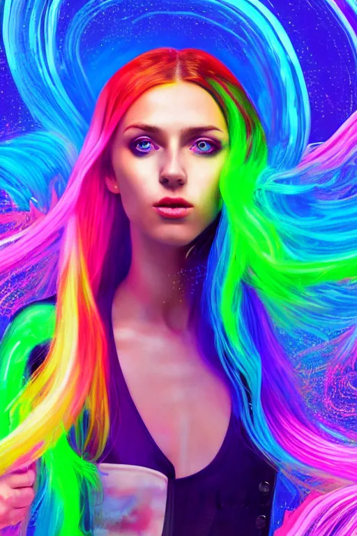 Image similar to a award winning half body portrait of a beautiful woman with stunning eyes in a croptop and cargo pants with rainbow colored ombre hairstyle head in motion and hair flying by thomas danthony, surrounded by whirling illuminated liquids, outrun, vaporware, shaded flat illustration, digital art, trending on artstation, highly detailed, fine detail, intricate