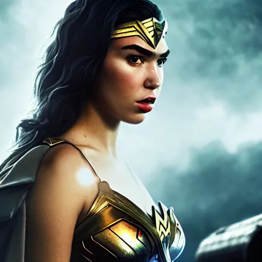 Prompt: a potrait of Dua lipa as wonder woman by Zack Snyder, Christopher Nolan, 8k photorealistic, cinematic lighting, HD, high details, dramatic, trending on artstation, view from below, dark atmosphere,
