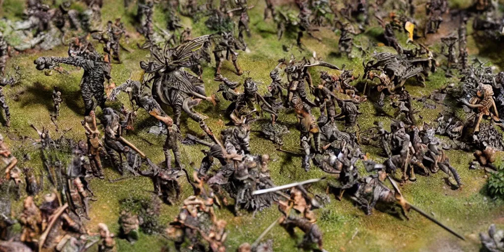 Image similar to zoomed in photo taken of an epic intricate extremely detailed battlefield diorama, with highly detailed, exquisitely weathered 3 d printed characters. an army of high elves battling a horde of orcs, dragon fly overhead, macro shot, photorealistic, sharp focus, f 0. 4, golden ratio, soft light, wide angle lens, 3 9 0 0 k