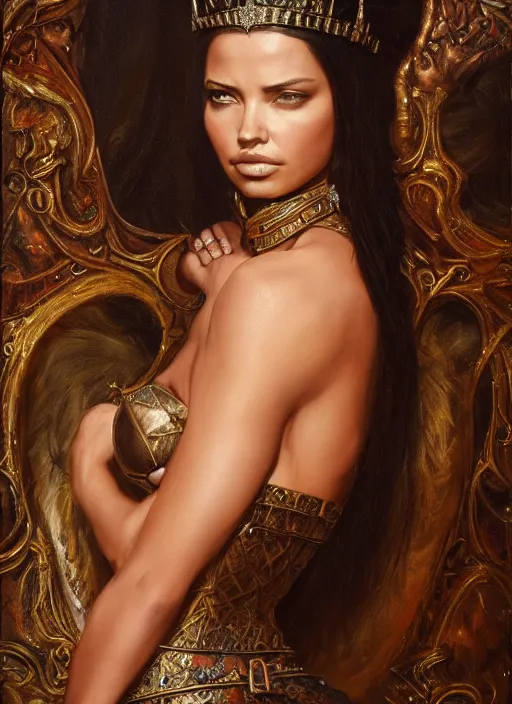 Image similar to portrait of adriana lima as queen in intricate dress, fantasy, artstation, by roberto ferri, fantasy, witcher, very detailed oil painting, masterpiece, 8 k