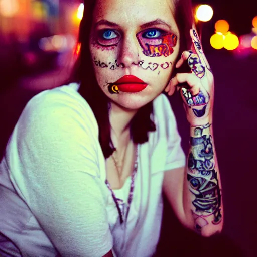 Image similar to beautiful young woman with gutterpunk pen ink face tattoos at golden hour, stars in background, cinematic diane arbus, leica s, fuji 8 0 0, grainy, low light