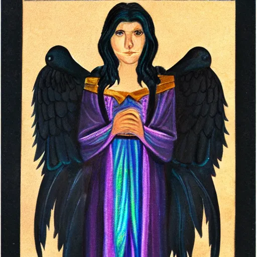 Prompt: character portrait of a modest robed dark raven angel with iridescent black raven wings