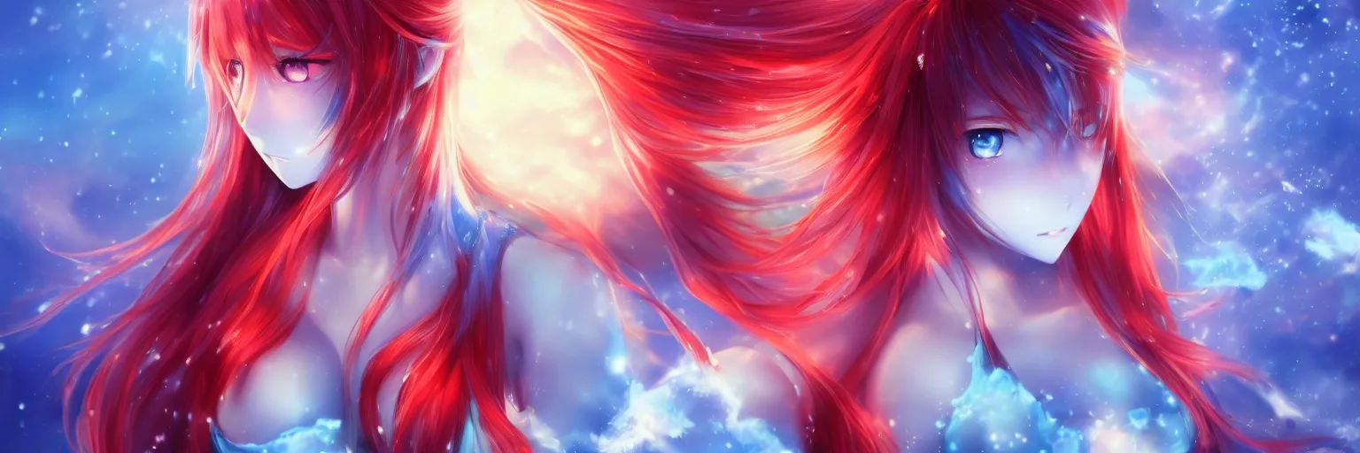 Image similar to advanced digital anime art, a very cute gorgeous teenage girl with a body made of fire and ice , full body, very long snow colored hair, sky blue highlights in hair, red fiery watery eyes, dress made of water, full round face, dramatic cinematic lighting, wideshot, highly intricately detailed, trending on pixiv, Artstation,