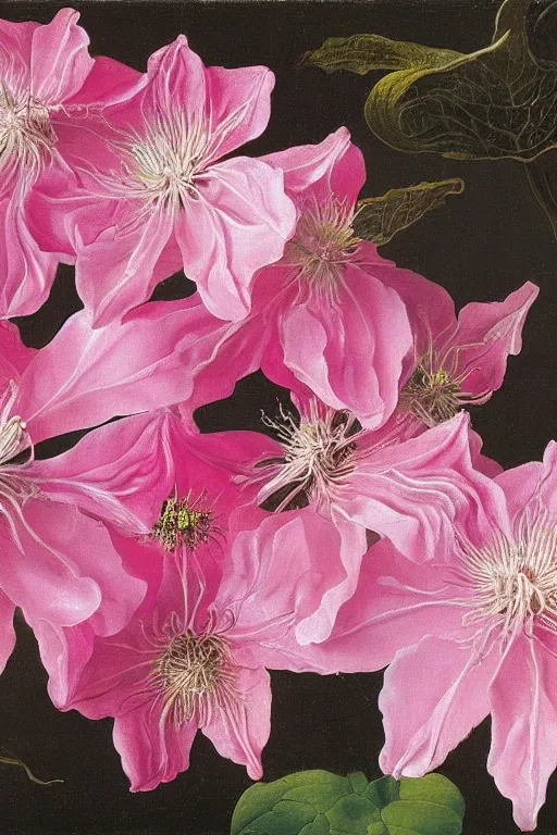 Image similar to thousands of clustered pink dripping clematis liquefying dripping with pink paint by ambrosius bosschaert and salvador dali, oil on canvas