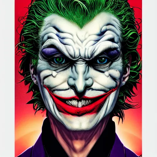 Image similar to portrait of joker, symmetrical, by yoichi hatakenaka, masamune shirow, josan gonzales and dan mumford, ayami kojima, takato yamamoto, barclay shaw, karol bak, yukito kishiro