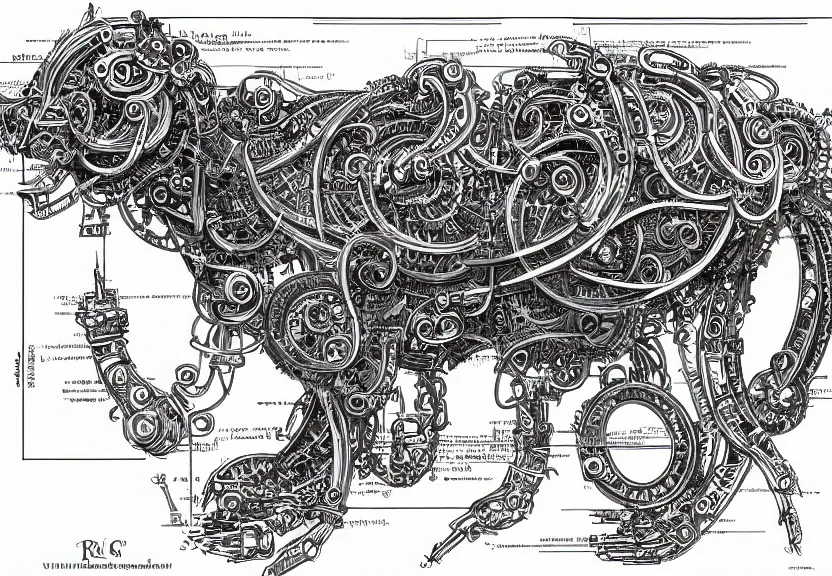 Image similar to schematic blueprint of highly detailed ornate filigreed convoluted ornamented elaborate cybernetic rat, art by da vinci