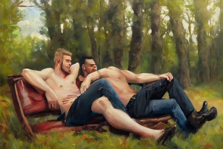 Prompt: 2 attractive men sitting on a coach in forest, painting by vladimir volegov, tom of finland, trending on artstation