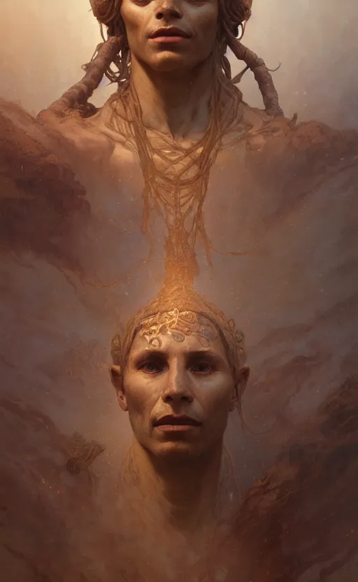 Prompt: an ancient man made of dust and earth, a mythological being that came from mud and clay, a pagan creation, gigantic, incomprehensible and frightening, trending on artstation, volumetric lighting, atmospheric portrait, highly detailed, art by greg rutkowski and alphonse mucha