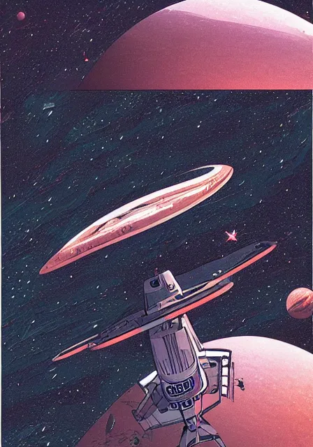 Prompt: illustration of a retro sci fi spaceship. the ship is white with two red stripes. Landscape image of a spaceship with a planet and stars in the background. Moebius. digital painting. extremely detailed science fiction art. high resolution image.