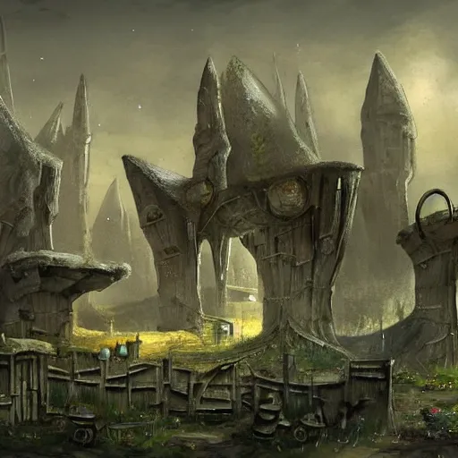 Prompt: medieval suburban neighborhood on the surface of the moon, space plants, concept art,
