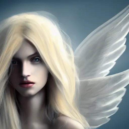 Prompt: very pretty blond female angel with wings, shallow depth of field, moody lighting, 8 k, concept art, wide angle,