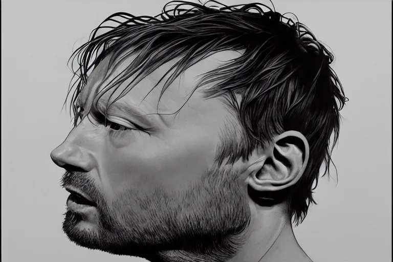 Image similar to hyper realistic portrait of thom yorke version singer songwriter ok computer, ( side ) profile, liminal space, by lee bermejo, alphonse mucha and greg rutkowski