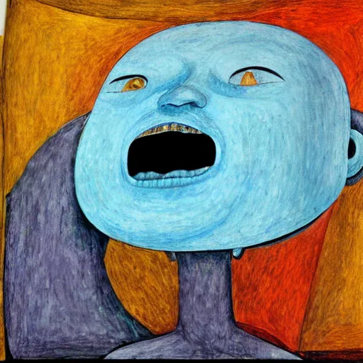 Image similar to aquamarine by ben shahn wormhole. a beautiful installation art of a giant head. the head is bald & has a big nose. the eyes are wide open & have a crazy look. the mouth is open & has sharp teeth. the neck is long & thin.