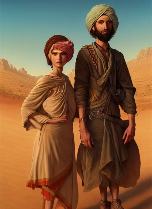 Prompt: highly detailed painting of two jews in the desert, extremely well detailed faces, unreal engine, greg rutkowski, ilya kuvshinov, ross draws, tom bagshaw, tom whalen, nicoletta ceccoli, mark ryden