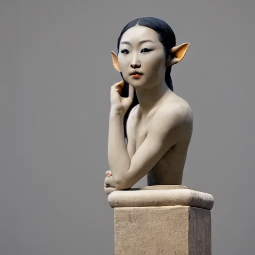 Prompt: sculpture of a beautiful young Asian woman with elf ears, by Michelangelo, on display in the Louvre, wide shot, 8k