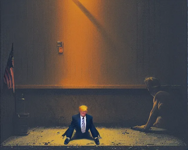 Image similar to a portrait of Donald trump sitting on the floor of a filthy jail cell lit by spotlight, dimly lit, wearing a orange jumpsuit in jail by craig mullins and norman rockwell, octane, 35mm photo,