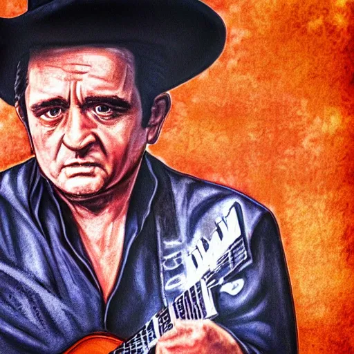 Prompt: Johnny Cash singing a Country song to an audience, hyper realistic, super detailed, 4k, HDR, photograph