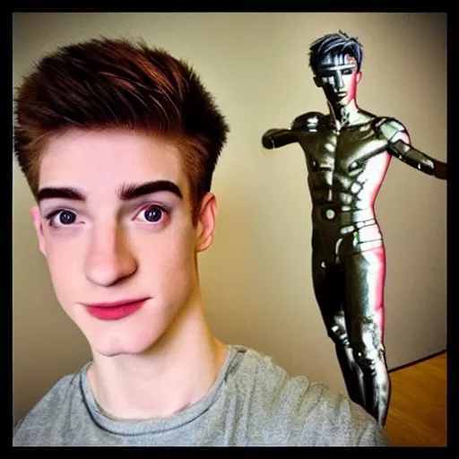 Image similar to “a realistic detailed photo of a guy who is an attractive humanoid who is half robot and half humanoid, who is a male android, twitch streamer Ninja Tyler Blevins, shiny skin, posing like a statue, blank stare”