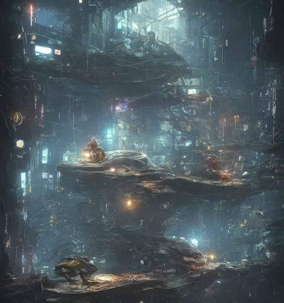 Image similar to small cybernetic frog, cinematic, highly detailed, octane render, cg, rich cinematic atmosphere, perfect digital art, mystical journey in strange world, Mystical, cyberpunk, sci-fi, surreal, glowing lights, sharp focus, high detailed, by Akihiko Yoshida, michael whelan and Karol Bak