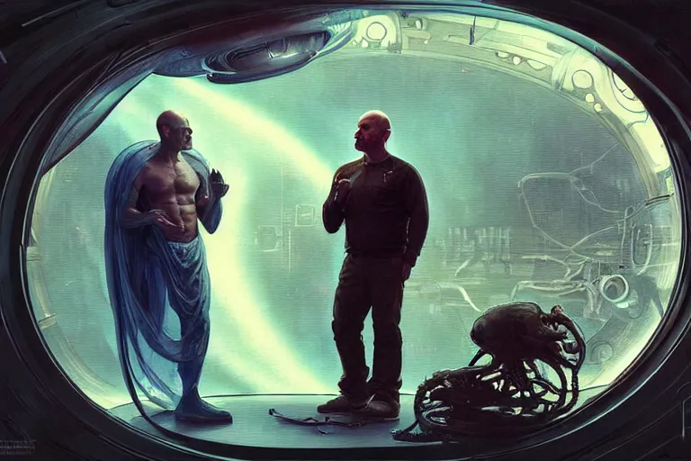 Image similar to joe rogan interviewing an alien, octane render, by greg rutkowski, alphonse mucha, artgerm