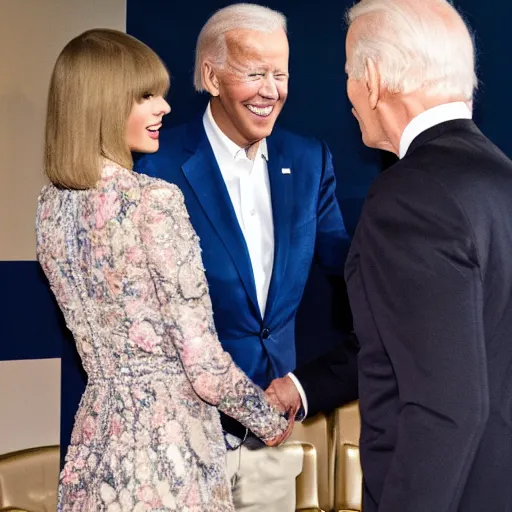 Prompt: taylor swift shaking hands with joe biden, 8 k uhd, cover of vouge magazine