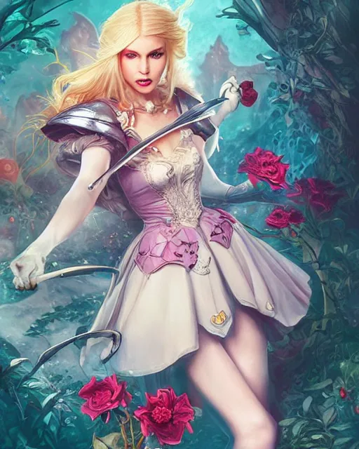 Prompt: Alice in wonderland as Malenia Blade of Miquella, Elden ring aesthetic, blond hair, wearing armor, falling hearts, flowers, artgerm, WLOP, Ross Tran