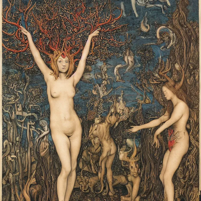 Prompt: a wide landscape with a tattood succubus with animal stripes and antlers transforming into a tree while the stars look like flowers by jan van eyck, ernst fuchs, nicholas kalmakoff, joep hommerson, character, full body, catsuit, max ernst, hans holbein, lace