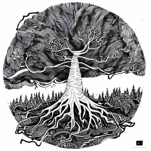 Image similar to black and white ink doodle illustration of an ancient tree floating in outer space, overgrown with funghi, style by peter deligdisch, peterdraws