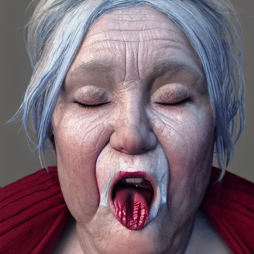 Image similar to 3 d hyper realistic cinematic scene of a sweet fat old woman kissing herself. window. symmetrical face, red mouth, blue eyes. deep focus, lovely scene. ambient occlusion render. concept art. unreal engine.